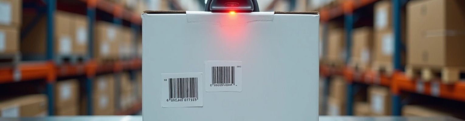 Warehouse scanner reading barcodes on a white box amid shelves filled with packages in a distribution center