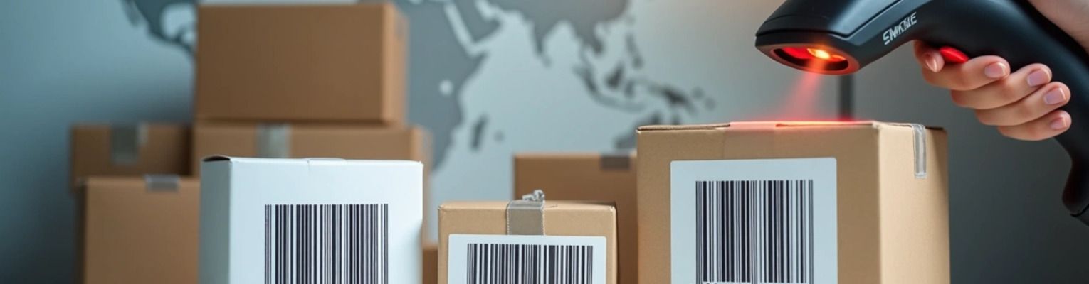 Hand scanning barcodes on different sized packages with a world map in the background.